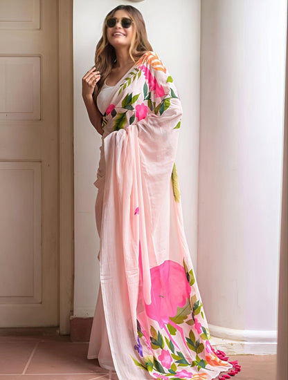Baby Pink Floral Print Cotton Linen Saree