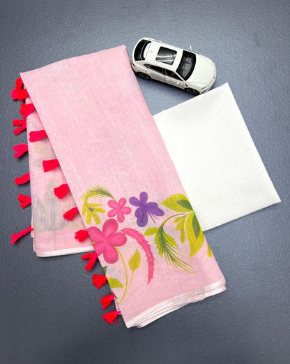 Baby Pink Floral Print Cotton Linen Saree