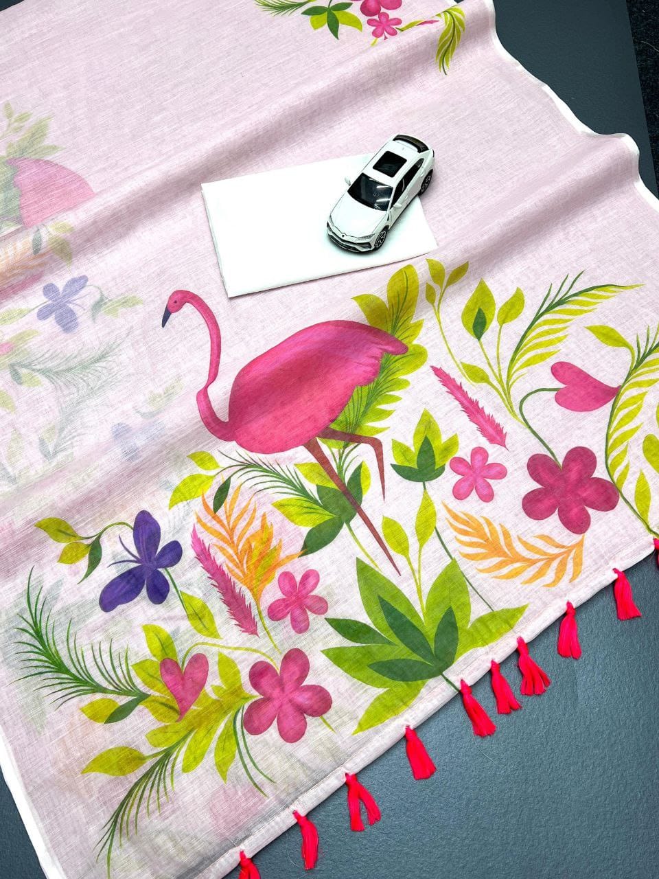 Baby Pink Floral Print Cotton Linen Saree