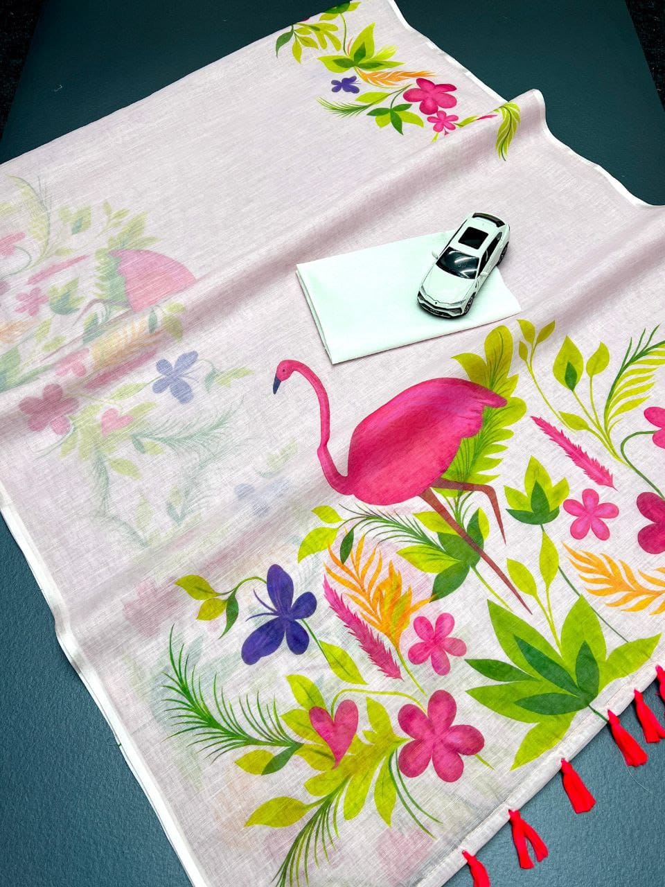 Baby Pink Floral Print Cotton Linen Saree