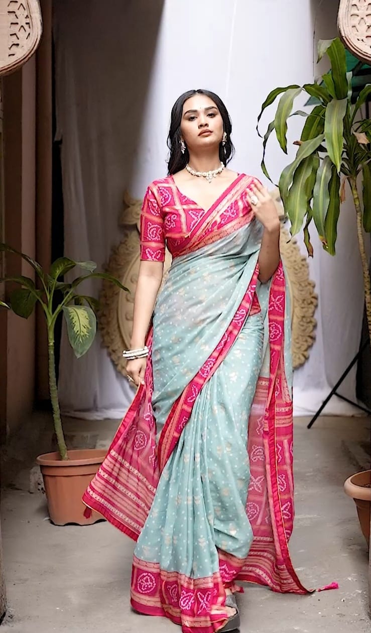 Sky Blue And Pink Silk Foil Print Design With Piping Broder Saree