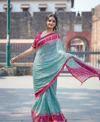 Sky Blue And Pink Silk Foil Print Design With Piping Broder Saree