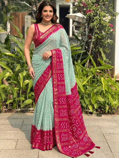 Sky Blue And Pink Silk Foil Print Design With Piping Broder Saree