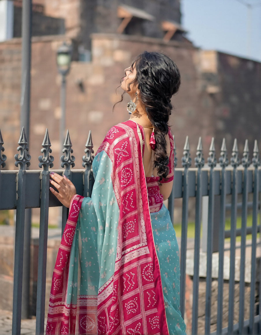 Sky Blue And Pink Silk Foil Print Design With Piping Broder Saree
