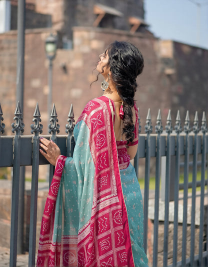 Sky Blue And Pink Silk Foil Print Design With Piping Broder Saree