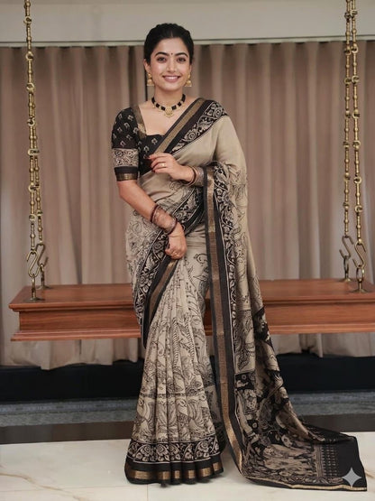 Ajrakh Design Black Colour With Zari Broder Saree