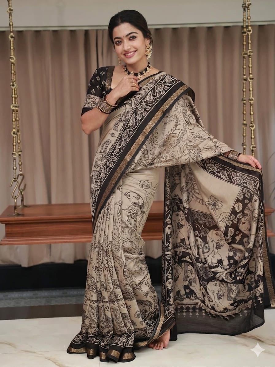 Ajrakh Design Black Colour With Zari Broder Saree