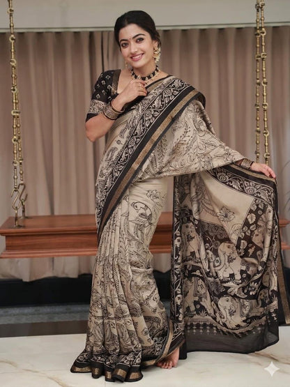 Ajrakh Design Black Colour With Zari Broder Saree