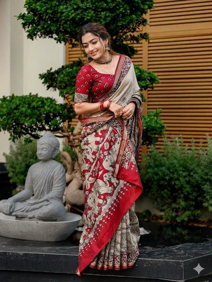 Ajrakh Design Red Colour With Zari Broder Saree