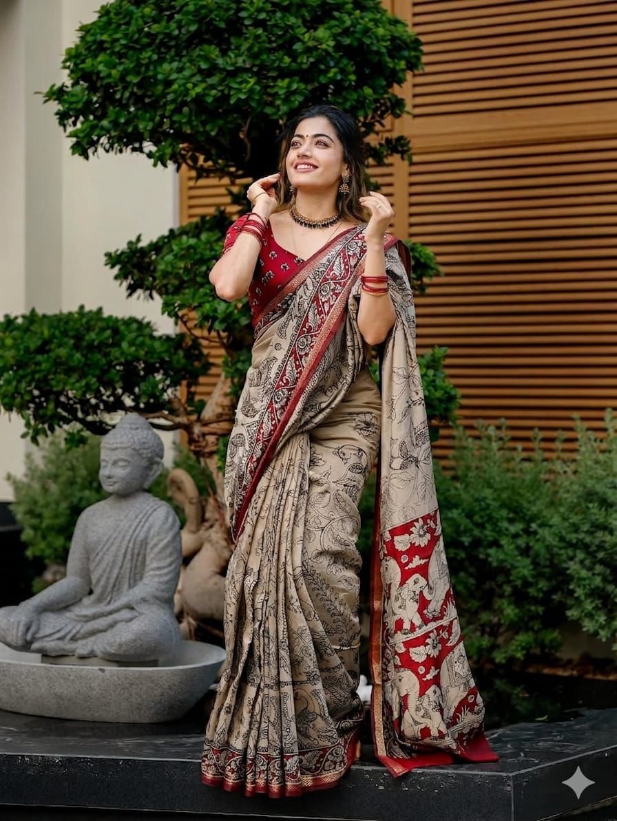Ajrakh Design Red Colour With Zari Broder Saree