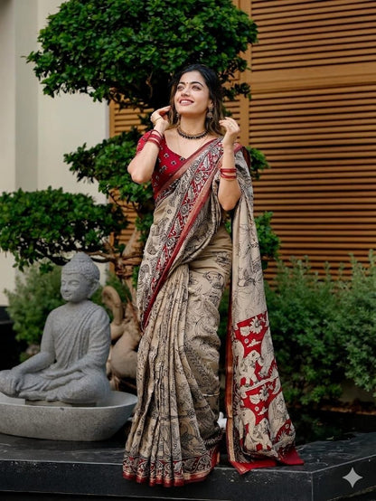 Ajrakh Design Red Colour With Zari Broder Saree