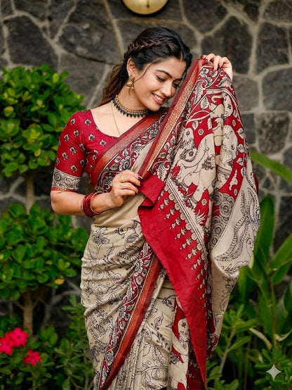 Ajrakh Design Red Colour With Zari Broder Saree