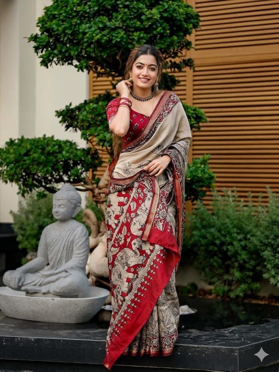 Ajrakh Design Red Colour With Zari Broder Saree