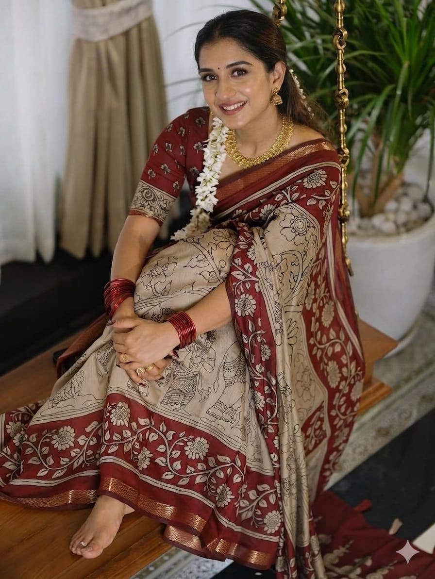 Ajrakh Design Red Colour With Zari Broder Saree