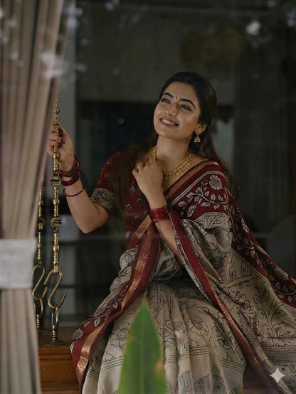Ajrakh Design Red Colour With Zari Broder Saree