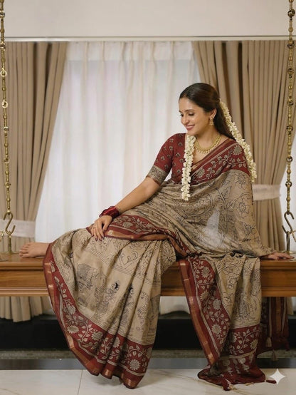 Ajrakh Design Red Colour With Zari Broder Saree