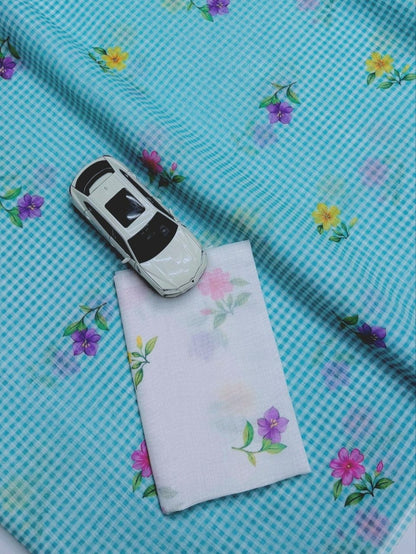 Sky Blue Populer Cheks Pattern Cotton Linen Saree