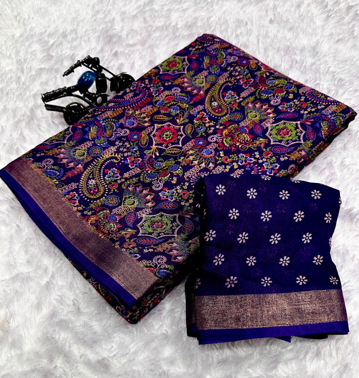 Royal Blue Dola Silk Printed Saree With Jari Broder