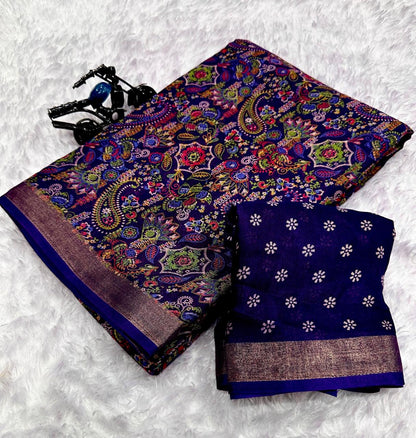 Royal Blue Dola Silk Printed Saree With Jari Broder