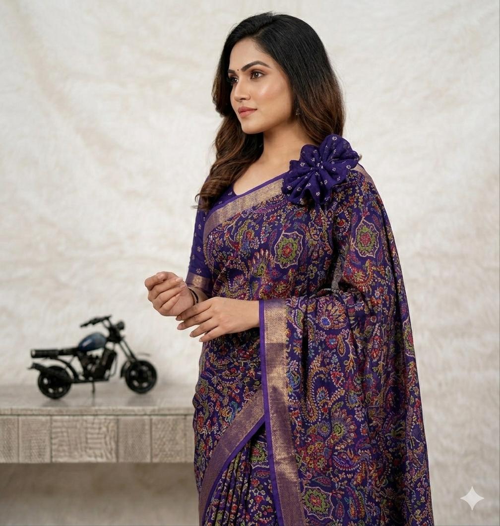 Royal Blue Dola Silk Printed Saree With Jari Broder