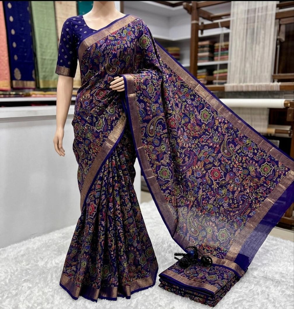 Royal Blue Dola Silk Printed Saree With Jari Broder