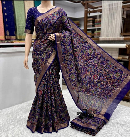 Royal Blue Dola Silk Printed Saree With Jari Broder