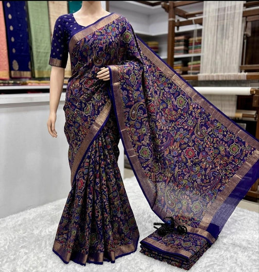 Royal Blue Cotton Printed Saree With Jari Broder