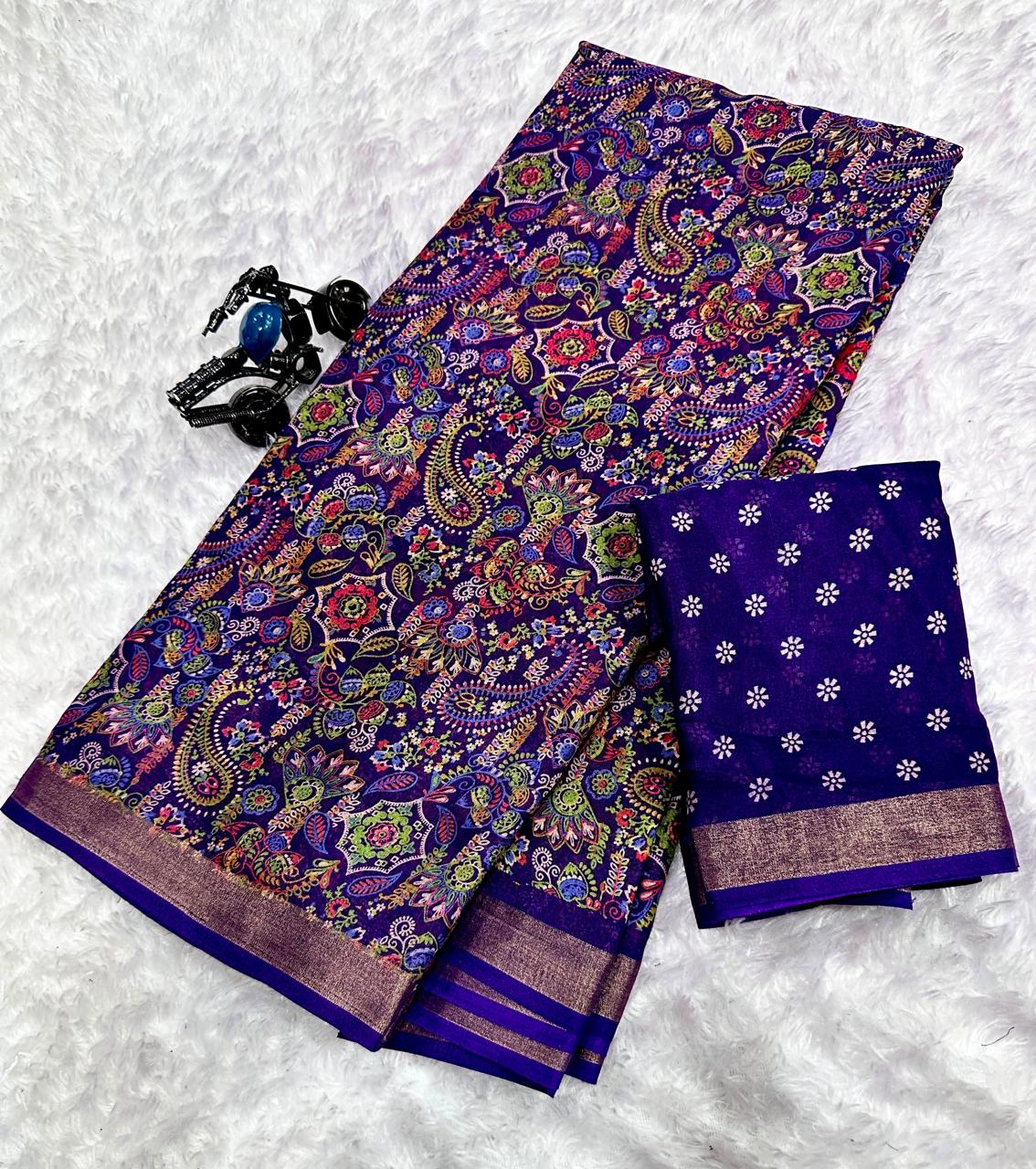 Royal Blue Dola Silk Printed Saree With Jari Broder