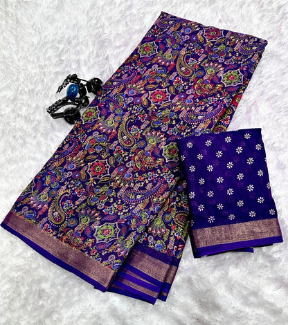 Royal Blue Dola Silk Printed Saree With Jari Broder