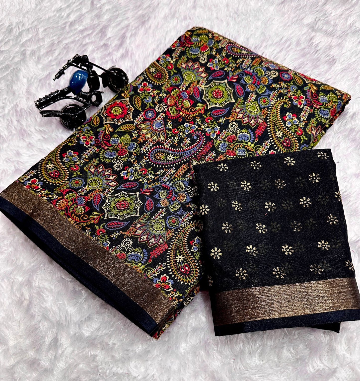 Black Dola Silk Printed Saree With Jari Broder