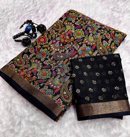 Black Dola Silk Printed Saree With Jari Broder