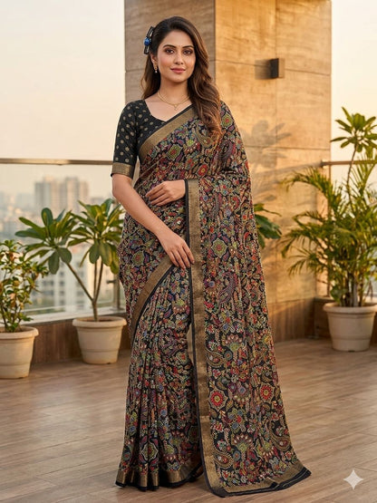 Black Dola Silk Printed Saree With Jari Broder