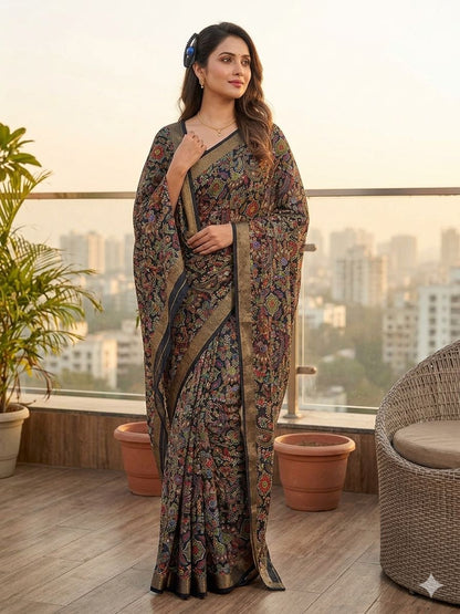 Black Dola Silk Printed Saree With Jari Broder