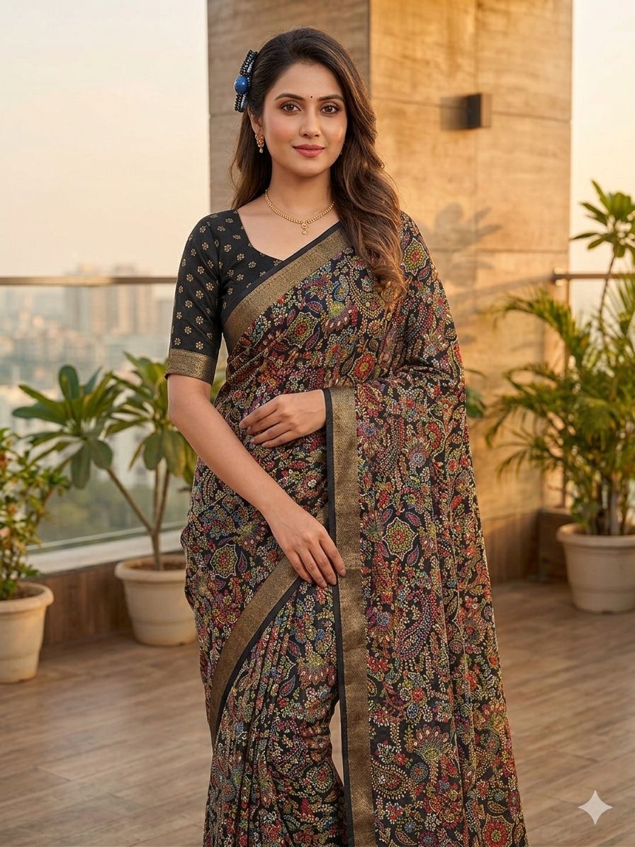 Black Dola Silk Printed Saree With Jari Broder
