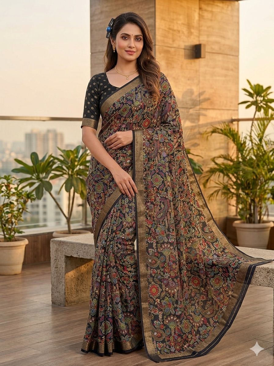 Black Dola Silk Printed Saree With Jari Broder