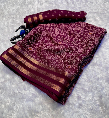 Classic Primium  Grorgette Golden Broder Magenta Saree