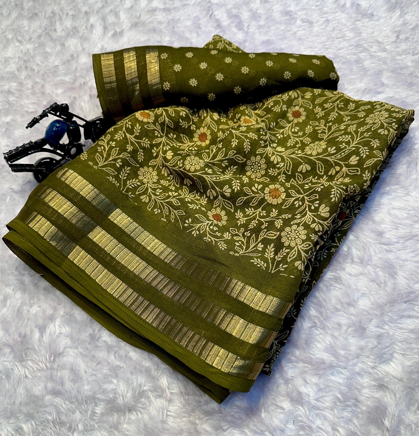 Classic Primium  Grorgette Golden Broder Green Saree