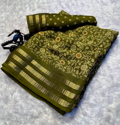 Classic Primium  Grorgette Golden Broder Green Saree