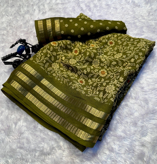Classic Primium  Grorgette Golden Broder Green Saree