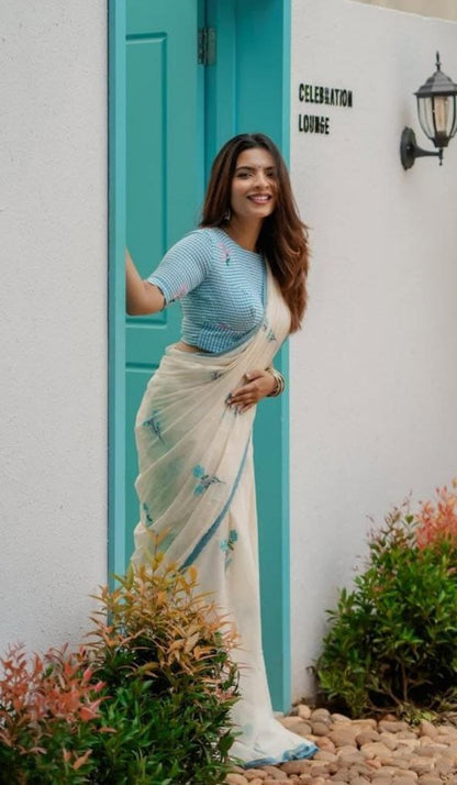 Sky Blue Cotton Linen Saree With blouse Lace Broder Saree