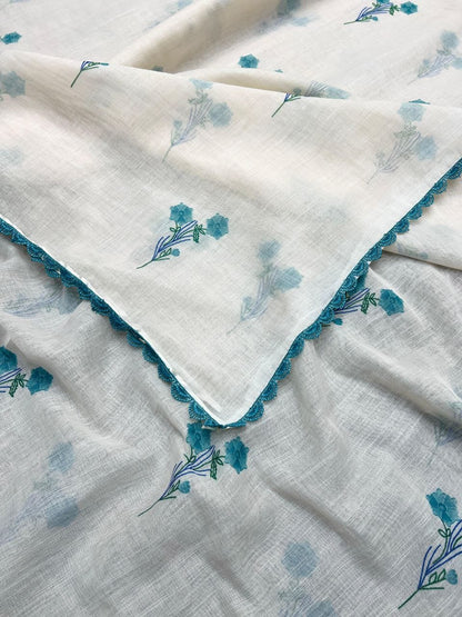 Sky Blue Cotton Linen Saree With blouse Lace Broder Saree