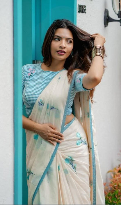 Sky Blue Cotton Linen Saree With blouse Lace Broder Saree