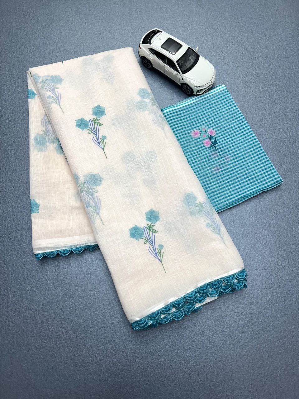 Sky Blue Cotton Linen Saree With blouse Lace Broder Saree