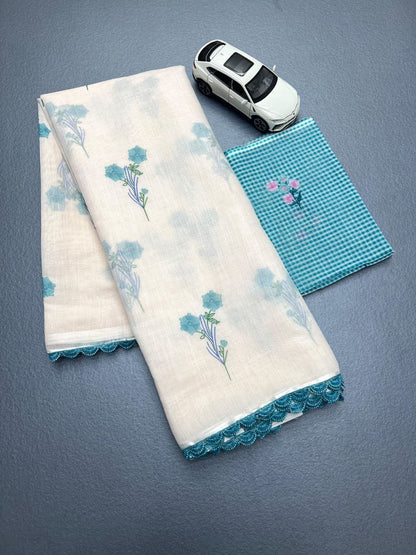 Sky Blue Cotton Linen Saree With blouse Lace Broder Saree