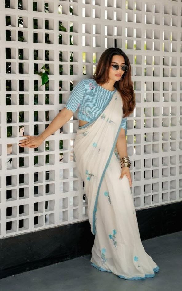 Sky Blue Cotton Linen Saree With blouse Lace Broder Saree