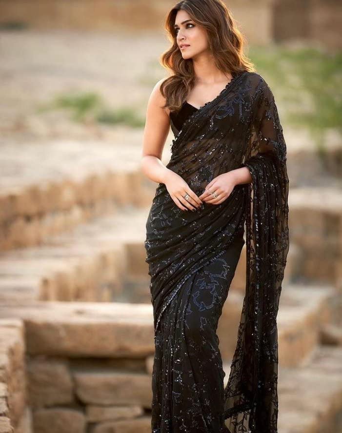 Black Georgette Sequnce Work Saree With Art Silk With Blouse