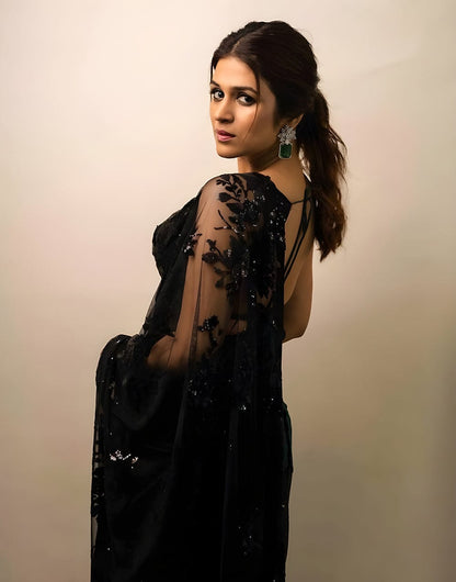 Black Georgette Heavy Multi Embroidery Stich Black Dimond Saree