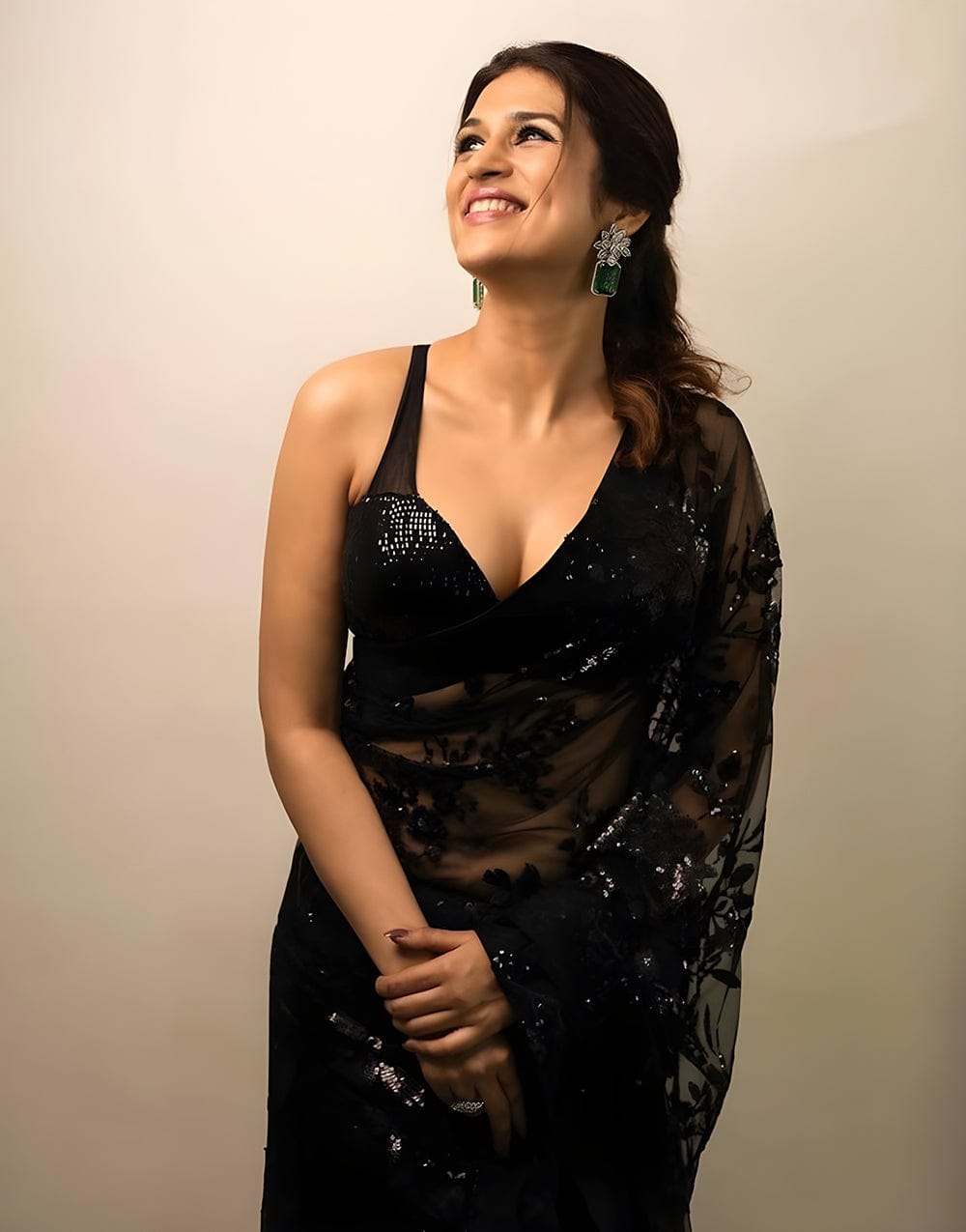Black Georgette Heavy Multi Embroidery Stich Black Dimond Saree