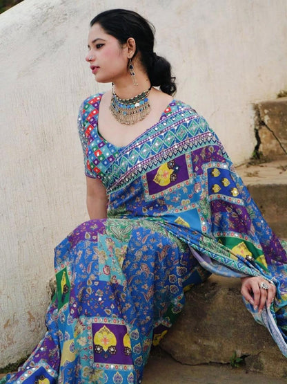 Ethnic Motifs Mirror Work Chinnon Silk Saree