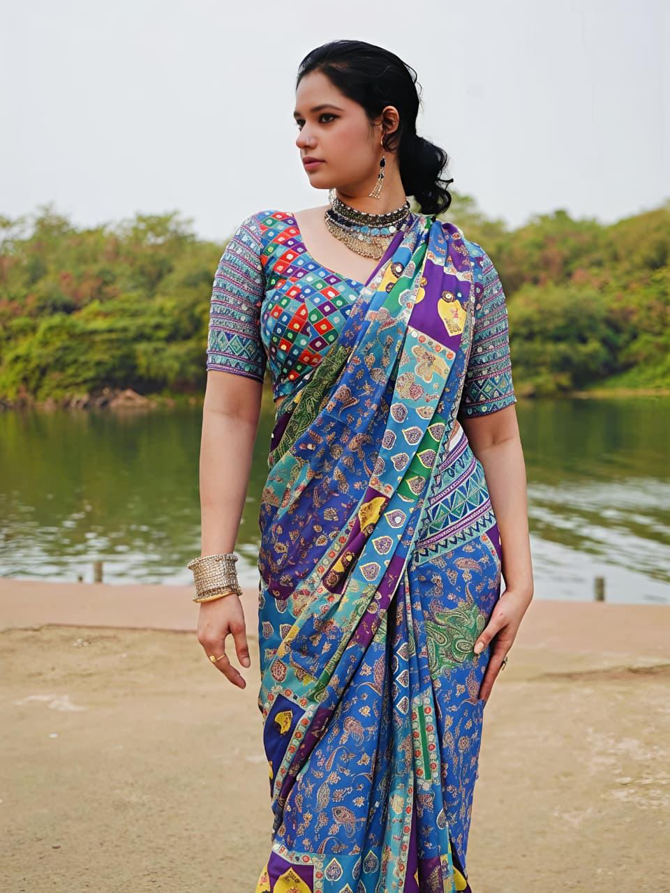Ethnic Motifs Mirror Work Chinnon Silk Saree
